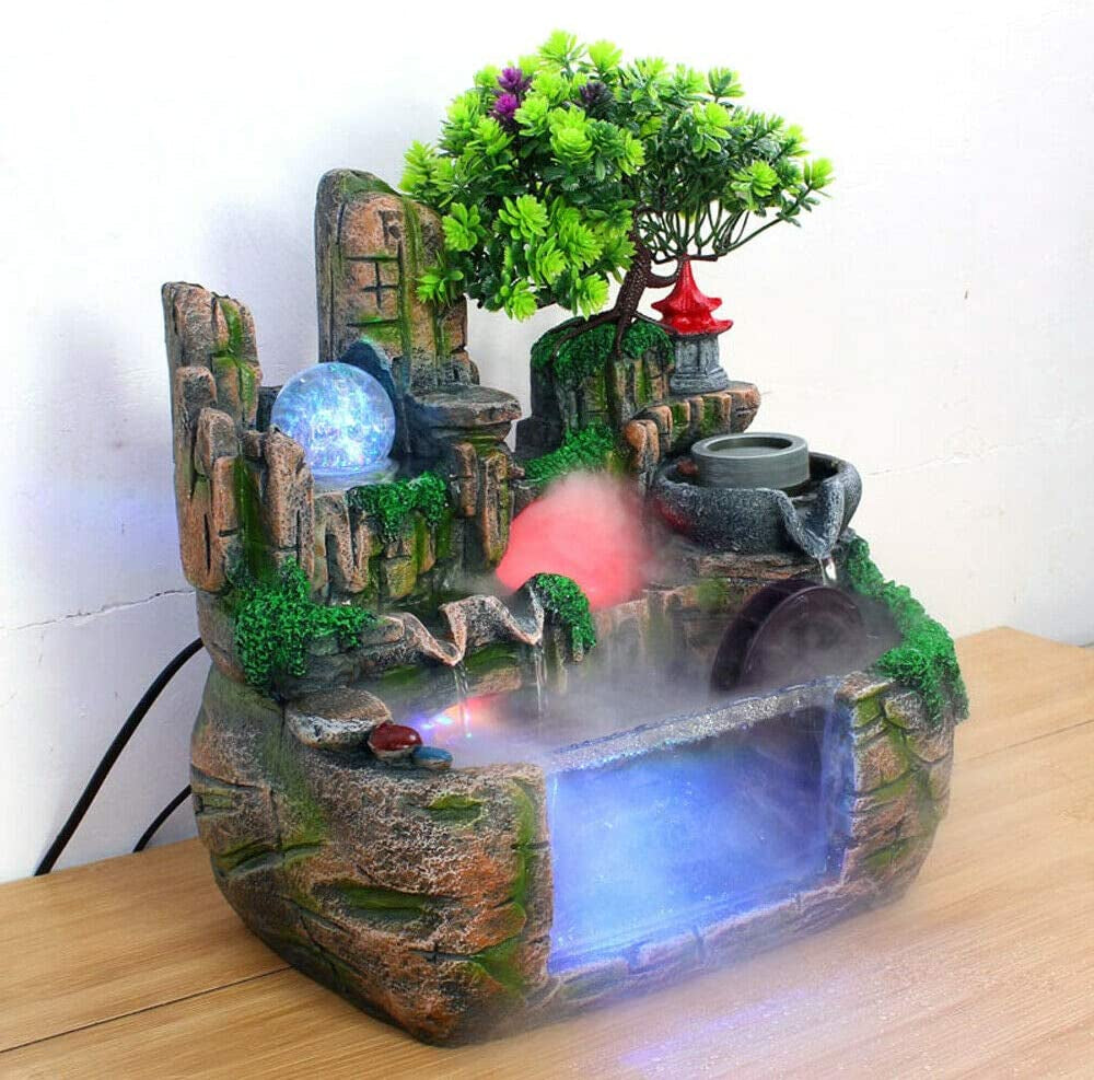 Tabletop Fountain Indoor Small Rockery Desktop Mountain Cascading Waterfalls, Rockery Water Fountain Waterwheel Mill Rolling Ball Atomizing Home Ornament Decoration Simulated Landscape (A)