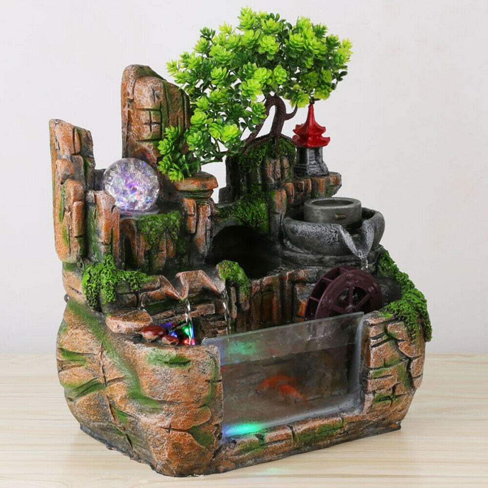 Tabletop Fountain Indoor Small Rockery Desktop Mountain Cascading Waterfalls, Rockery Water Fountain Waterwheel Mill Rolling Ball Atomizing Home Ornament Decoration Simulated Landscape (A)